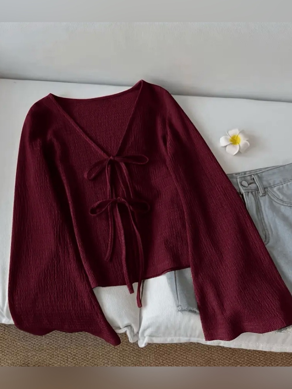 Tie-Front V-Neck Blouse in Wine Red